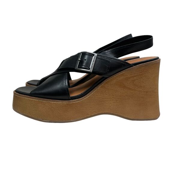 Lucky Brand Womens Platform Wedge Sandals Delayne Black Leather Slingback Sz 8.5 - Picture 3 of 9